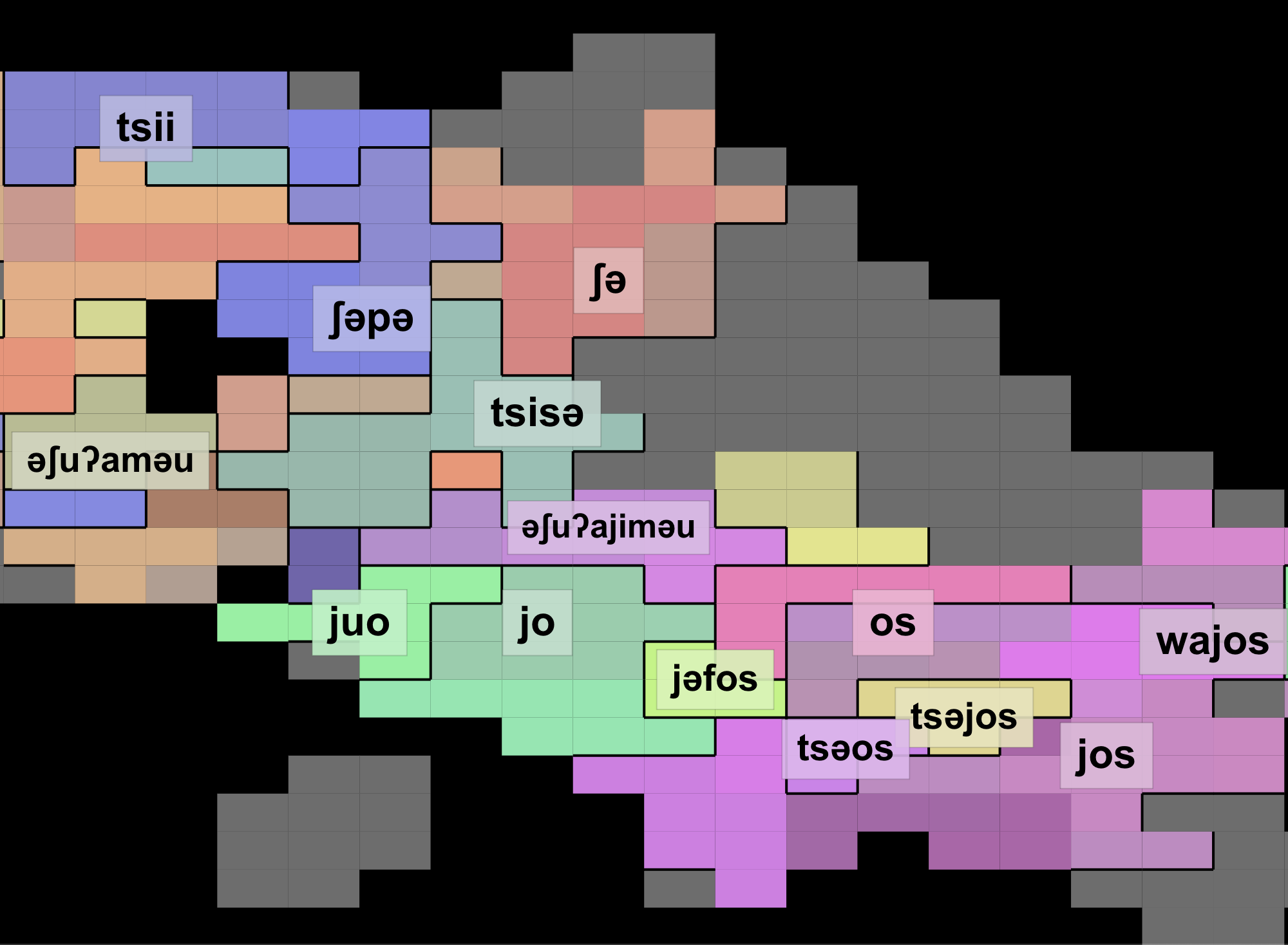 Map with colored squares showing language evolution simulation